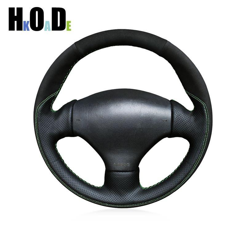 

For Peugeot 206 1998-2005 206 SW 2003-2005 206 CC 2004 2005 Hand-Sew Black Leather Car Steering Wheel Cover Red Blue Thread