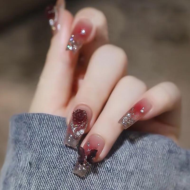 Fumaiide Plum Red Camellia Press-On Nails with Butterfly & Rhinestone Chains