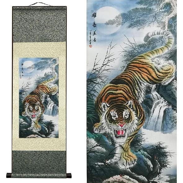 AtfArt Asian Wall Decor - Beautiful Silk Scroll Painting of Waterfall River Landscape - Mountain Spring Autumn Color Oriental Decor Chinese Art Wall