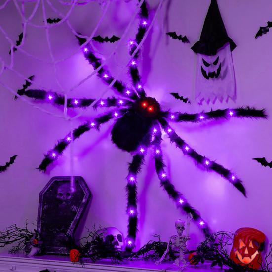 Halloweenský obří svítící pavouk Strašidelný realistický chlupatý LED pavouk s ohebnýma nohama pro vnitřní venkovní Halloweenskou zahradní domácí výzdobu