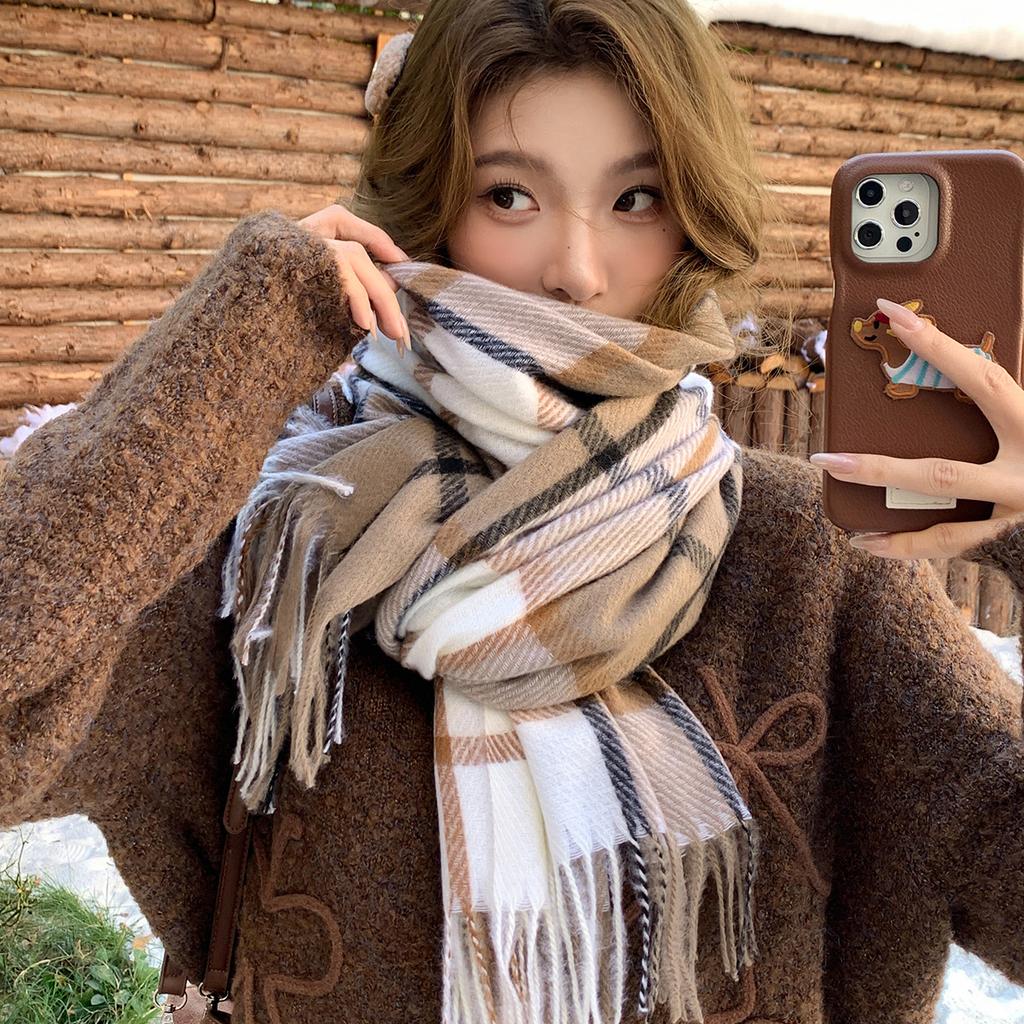 Clearance Plaid Imitation Cashmere Scarf Autumn and Winter Korean New Ins Style Retro Winter Warm Versatile Shawl Scarf
