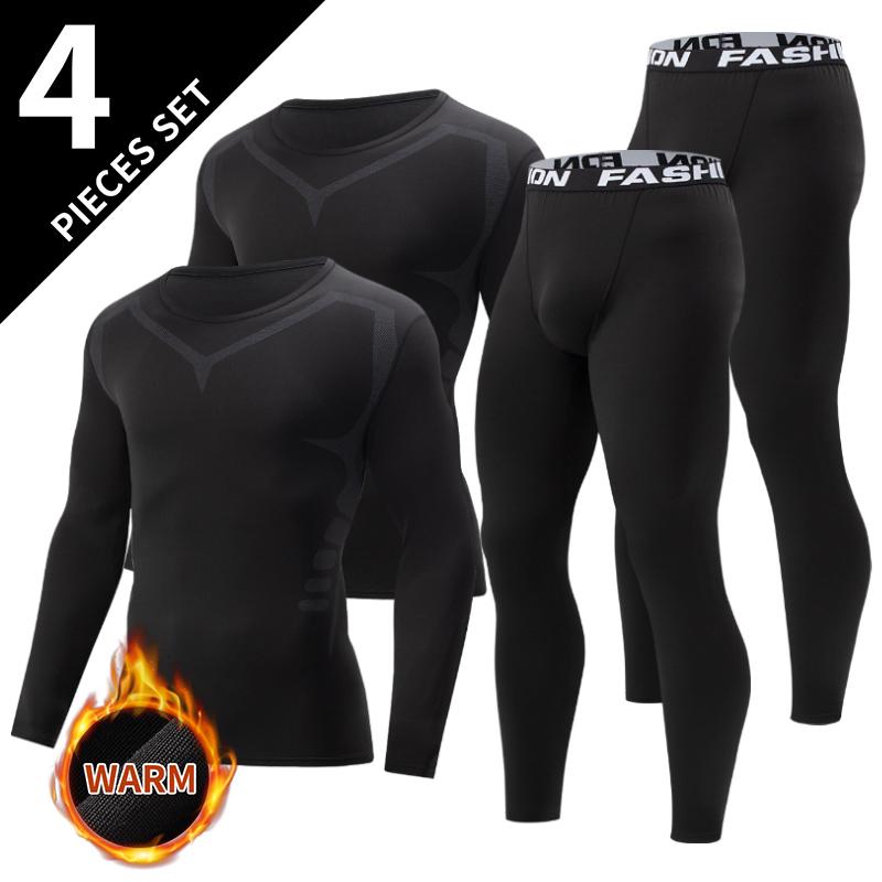 Herfst/Winter Heren Zwart Lange Mouwen Broek Ondergoed Set Jeugd Fitness Hardlopen Basis Sportshirt Casual Stretch Broek