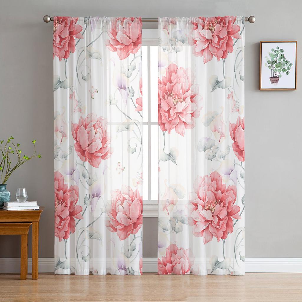 Peony Flower Sheer Curtains for Living Room Modern Voile Curtain Bedroom Tulle Curtains Window Drapes Decor