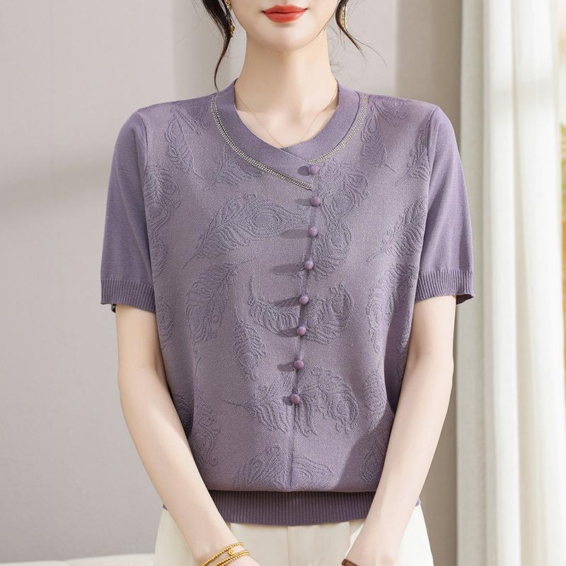 

Mother s Day Summer Fashion Short-Sleeve Ice Silk T-Shirt for Middle-Aged Women 3XL (suggested for 135-160 jin) темно-фіолетовий колір
