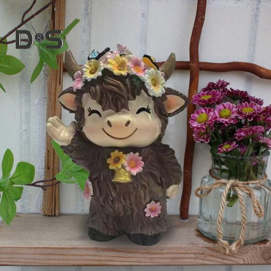 2Pcs Highland Cow Dwarf Ornaments Brown Finish Cattle Figure with Pink Flowers Bookshelf Fireplace Home Decor