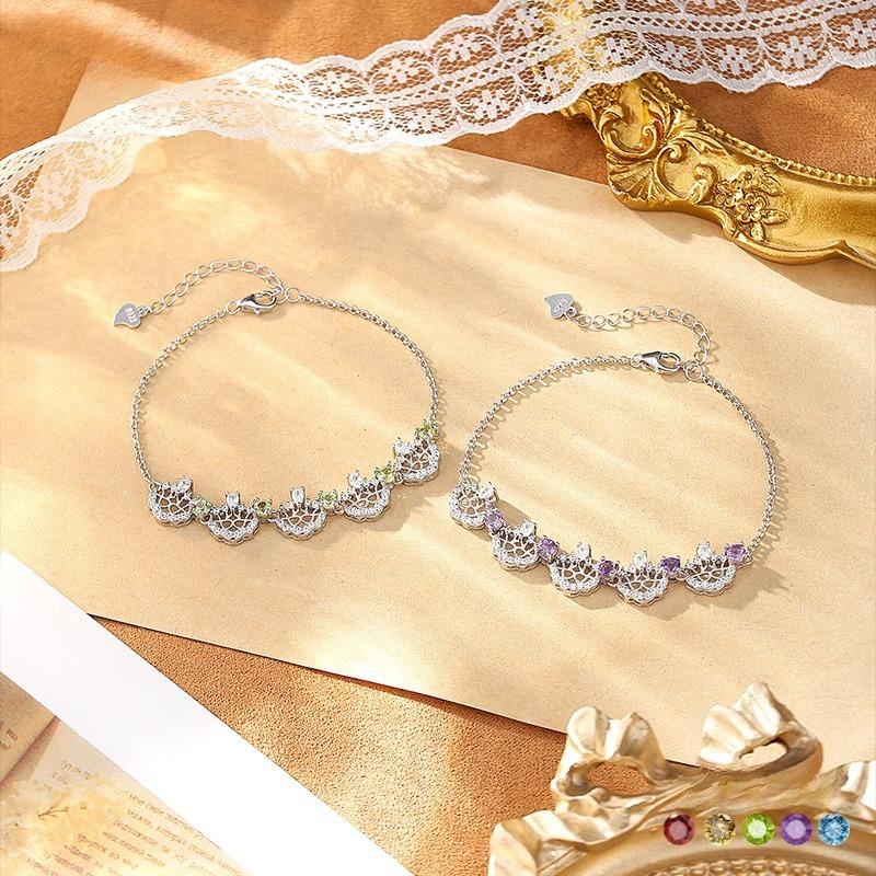 S925 sterling silver crown bracelet women's natural olivine crystal stone micro-inlaid zircon sweet colored treasure jewelry women's jewelry gift