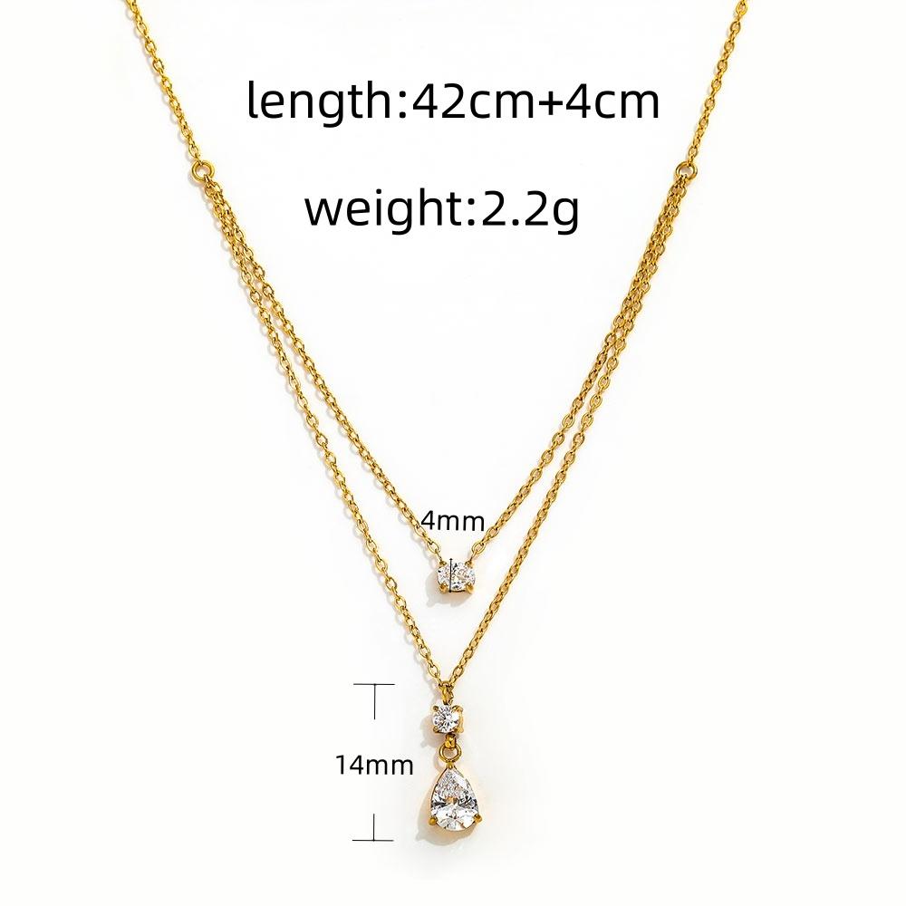 Joolim 18k Gold Plated Double-layer 3 Zircon Round Water Drop Pendant Necklace Stainless Steel Fashion Jewelry