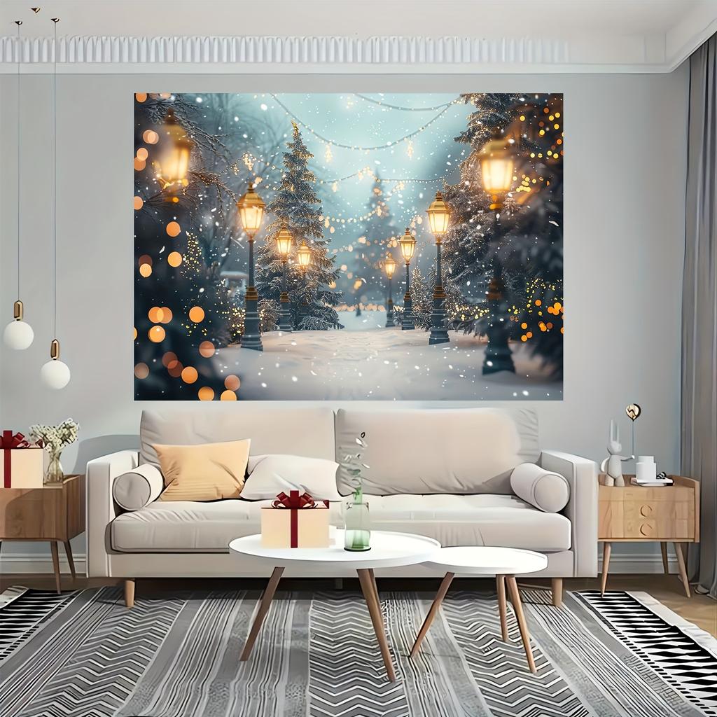 1 Piece of Winter Wonderland Forest Background Cloth - Snow Christmas Pine Tree and Halo Scene