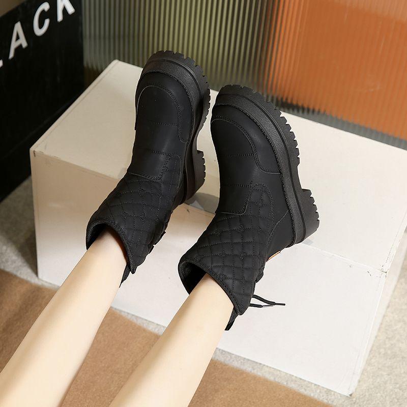 Fashion Black Elegant With Medium Heels Woman Shoes Mid Calf Lace-up Round Toe Y2k Goth Footwear Work New Rock Sale Snow Boots for Women