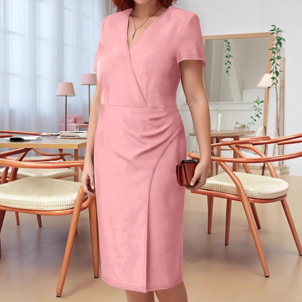 Spring/Summer 2026 Women's Elegant Short-Sleeve Plus Size Solid Color Dress