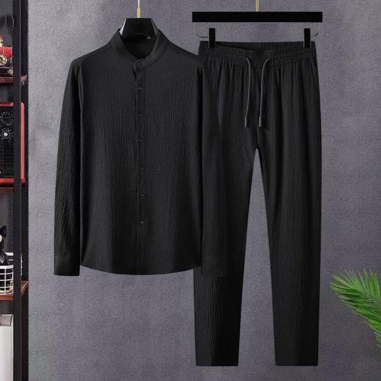 Men Shirt Pants Set Elastic Waist Wide Leg Stand Collar Plus Size Single-breasted Solid Color Thin Soft Casual Long Sleeve Fall