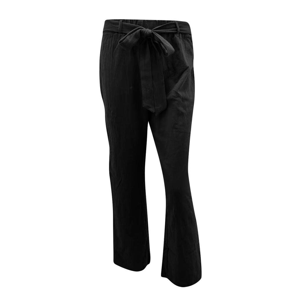 Fashion Women Solid Cotton Linen Sashes Straight Casual Long Pants Trousers