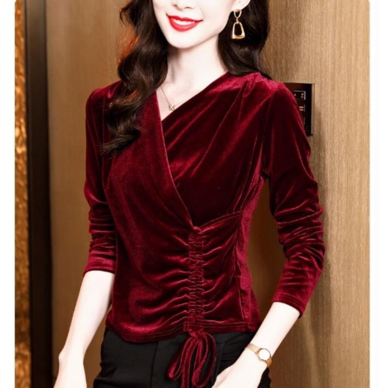 

Бархатная футболка с длинным рукавом и нестандартной основой для женщин на осень, новый модный топ для мам 3XL красный