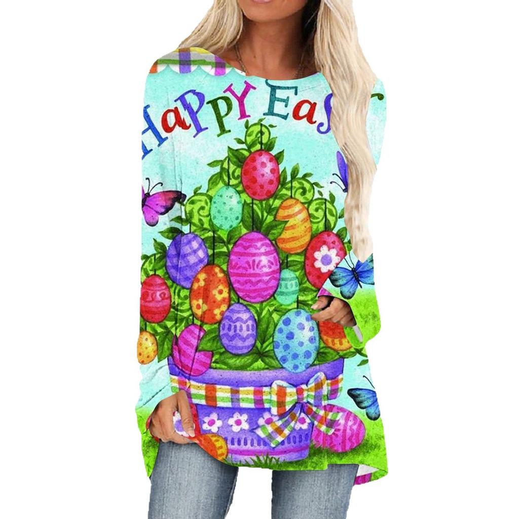 Round Neck 3D Rabbit Festival Printed Top Fashionable Casual Long Sleeved Women's T-shirts