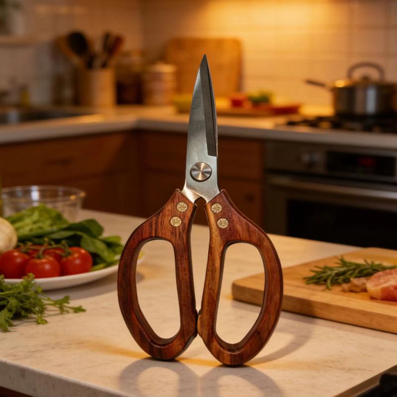 Stainless Steel Kitchen Scissors Acacia-Handled Chicken Bone Shears Multi-Purpose Cutting Meat Fileting Fish Kitchen Shears