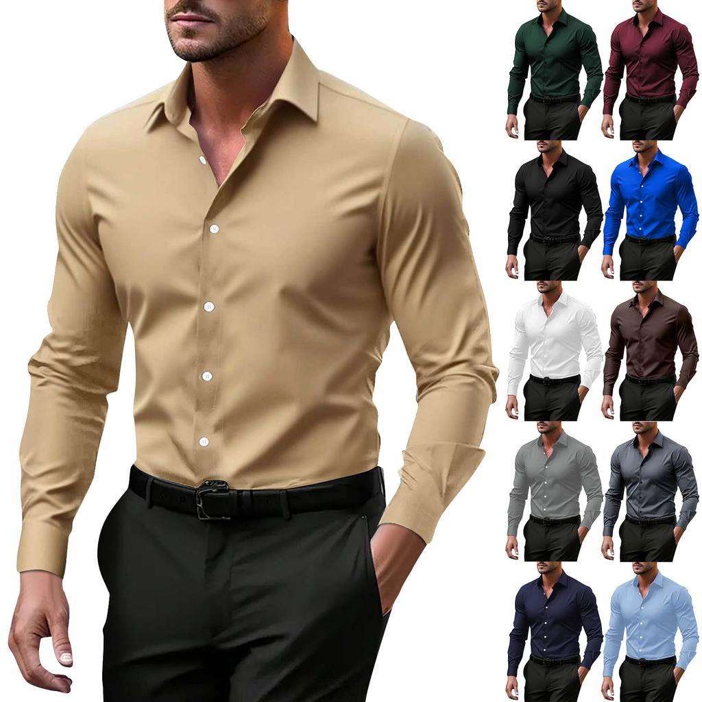 Men's Single Breasted Long Sleeved Lapel Business Casual Slim Fit Shirt