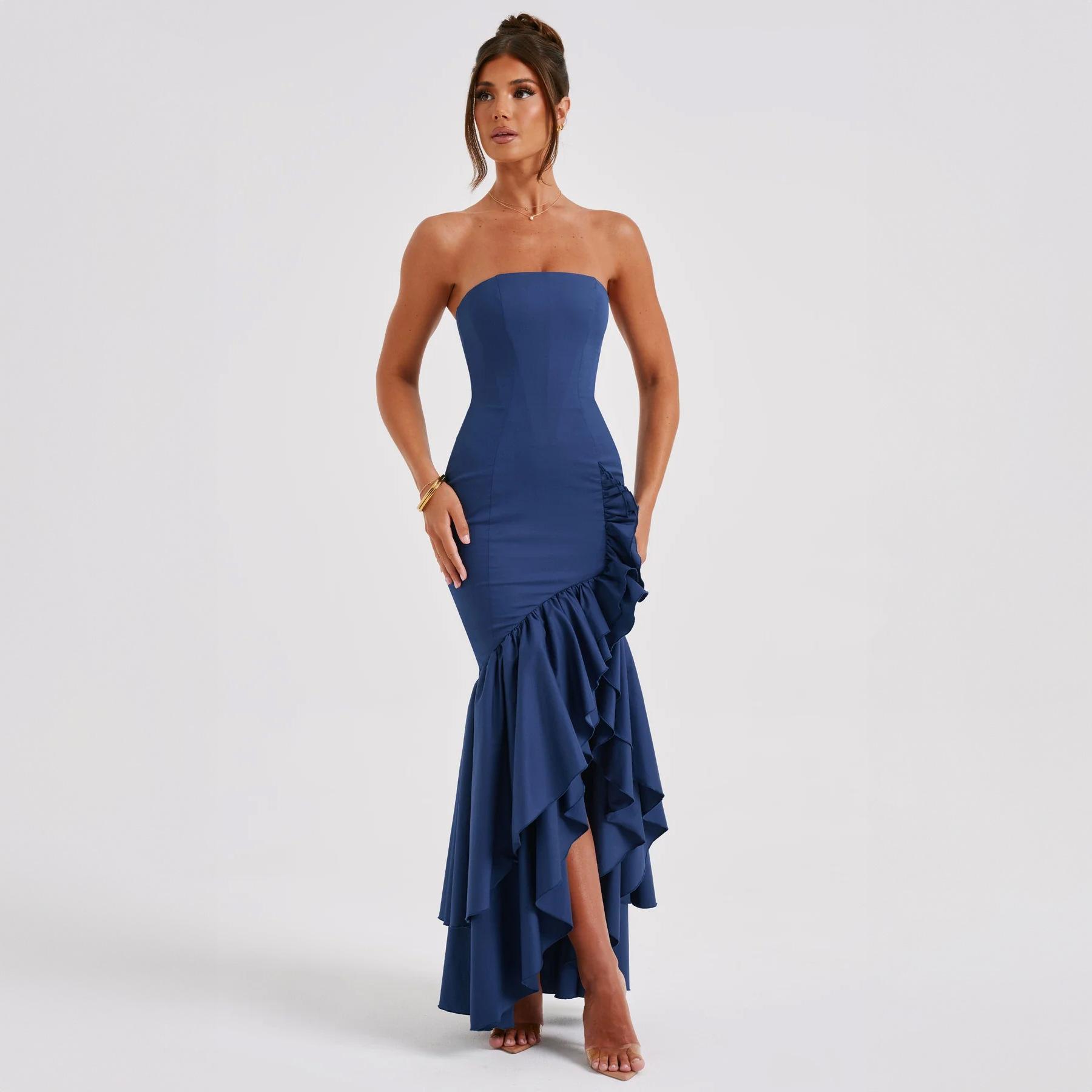 European and American summer women s clothing elegant tube top slit fashion slim backless hip wrap dress dress S