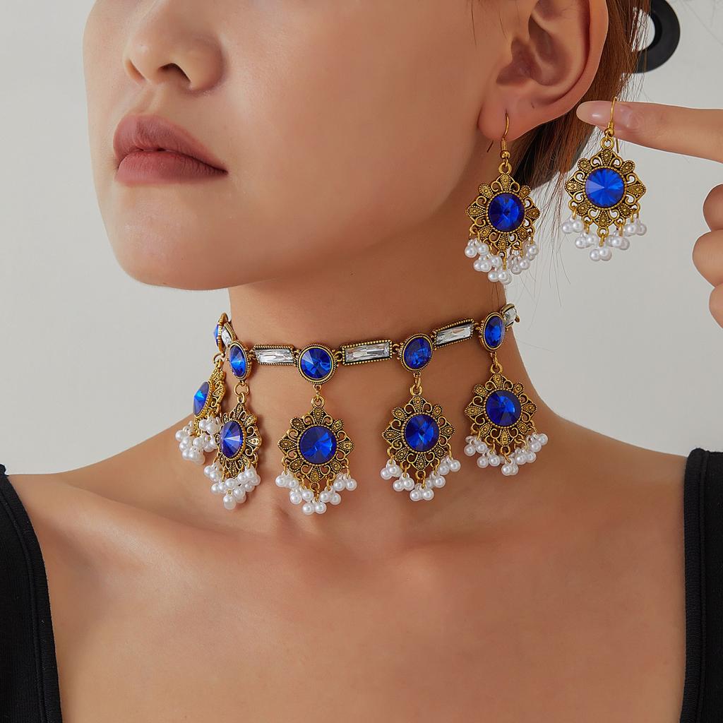 Bohemian Vintage Quasten Halsketten- und Ohrring-Set, Strassstein Ethnischer Stil Schmuck für Damen