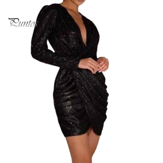 Lady Club Dress Deep V Neck Pleated Sequin Long Sleeve Irregular Hem Baggy Dress Celebrity Banquet Prom Cocktail Party Mini Dress