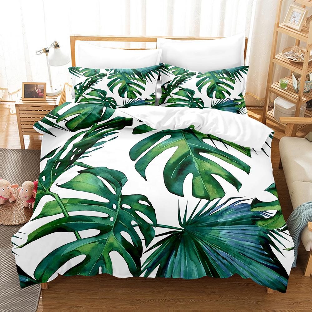 3D Digital Printing Quilt Cover Tropical Plant Green Leaf Flower Three-Piece Set Abrasive Bedding