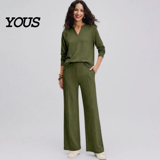 Damen Lässiges Loungewear Sweatshirt Hosen 2-teiliges Set, V-Ausschnitt Langarm Oberteil & Weiter V-Ausschnitt Pullover Sets Hosen mit Elastischem Bund, Einfarbig