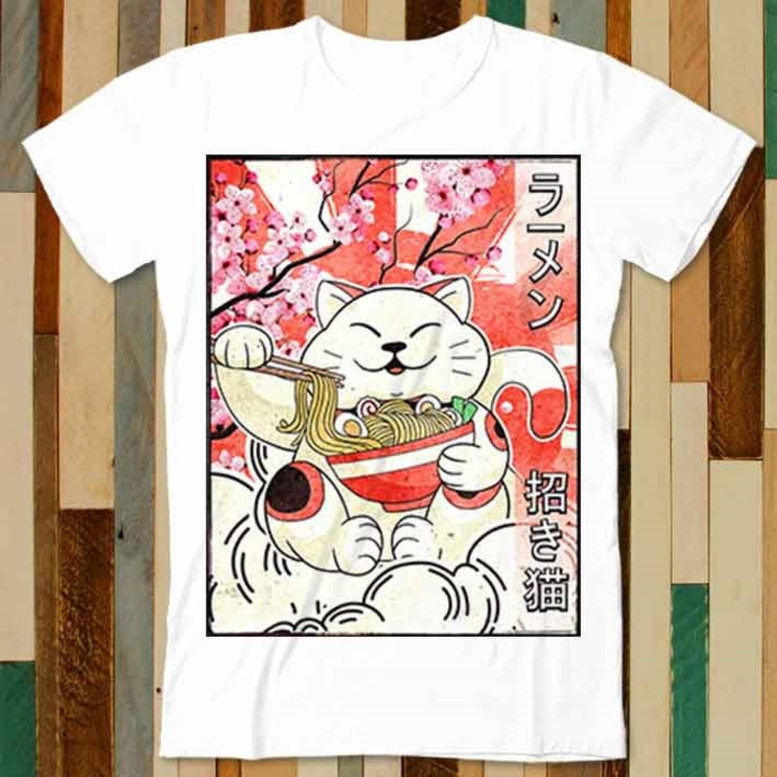Japanese Noodles Maneki Neko Cat Ramen T Shirt Adult Unisex Men Women Retro Design Tee Vintage Top A4900 XL