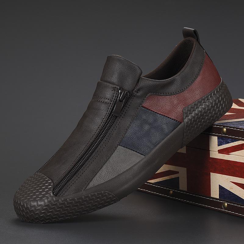 Men's Spring Slip-On Zipper Leather Color Block Casual Low-Top Shoes - Trendy British Versatile Fashion