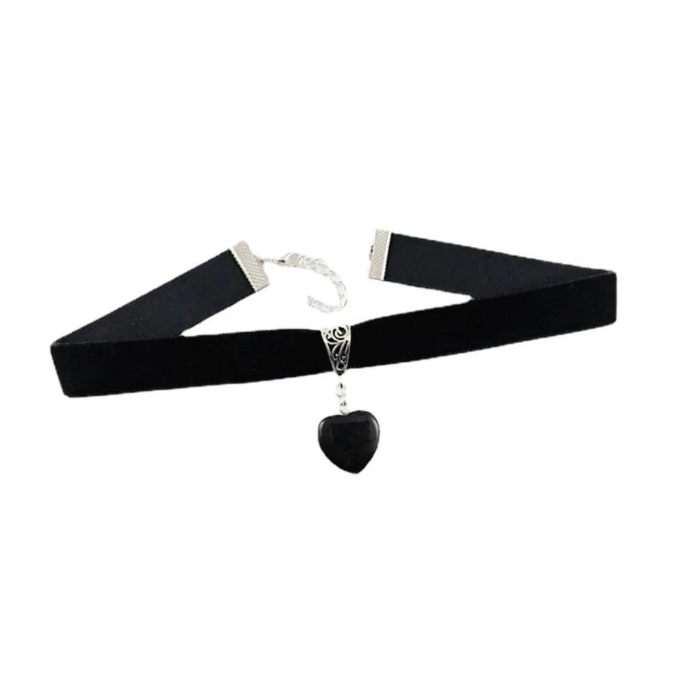 Gothic Retro Heart-shaped Purple Crystal Agate Pendant Black Velvet Necklace for Women Hallowmas Party Charm Choker Jewelry Gift