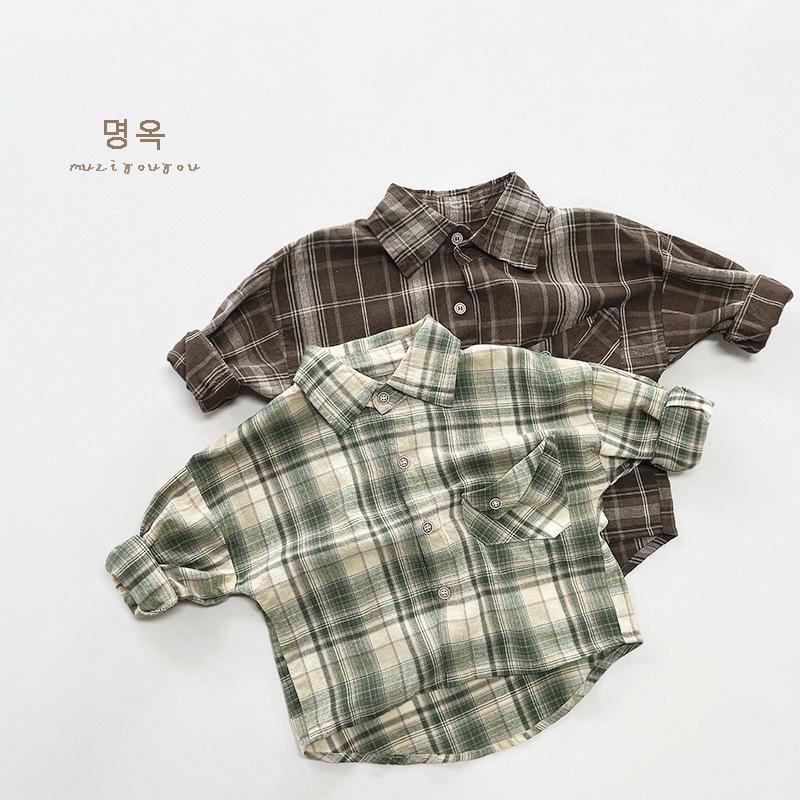 Vintage Korean Style Kids Plaid Long Sleeve Shirt Lightweight Outerwear For Boys Girls