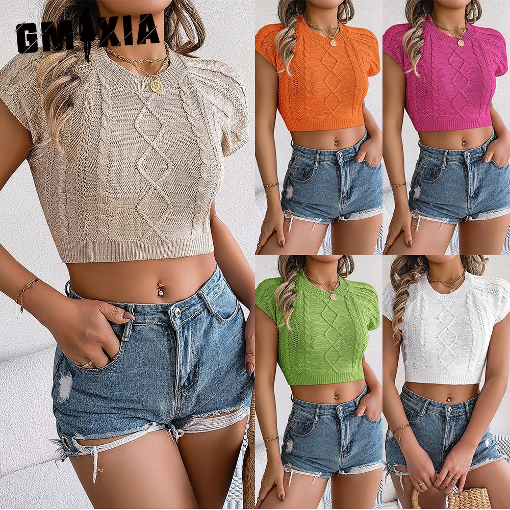 GMXIA Spring and Summer Casual Solid Color Braided Short-sleeved Knitted Sweater, Vacation Short Navel Top Women's Wear