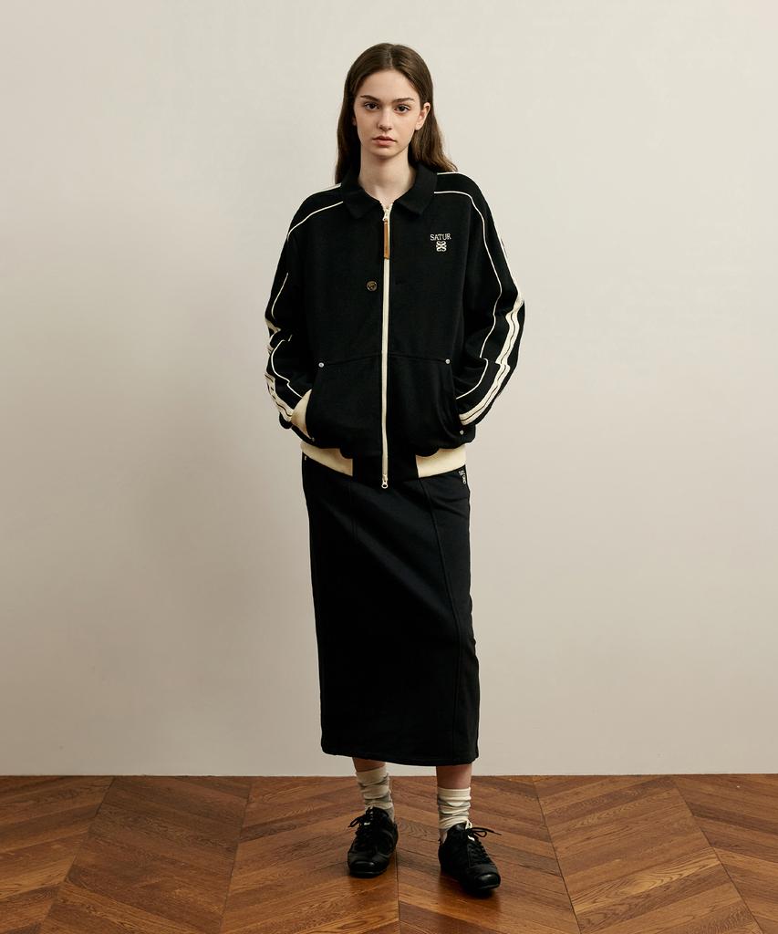 SATUR Rawton Piping Collar Track Zip-Up Jacket Black
