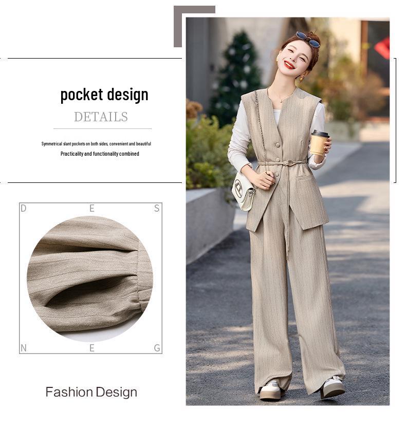 Frühling 2025 Gestreifte Taillenbetonende Weste & Weitbeinige Hose Zweiteiliges Set