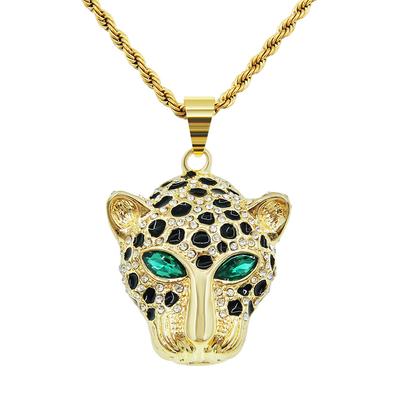 Europietiško hiphopo trimatis deimantais inkrustuotas žaliaakio leopardo galvos pakabukas vėrinys mados mėgėjui personalizuoti pakabuko aksesuarai pakabukai
