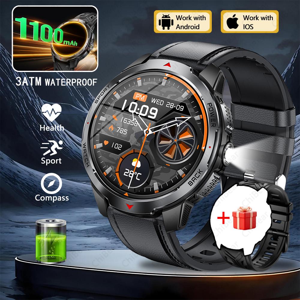 New 1100mAh Large Battery Smart Watch Men Compass LED Flashlight 3ATM Waterproof Bluetooth Call Heart Rate Sports Smartwatch