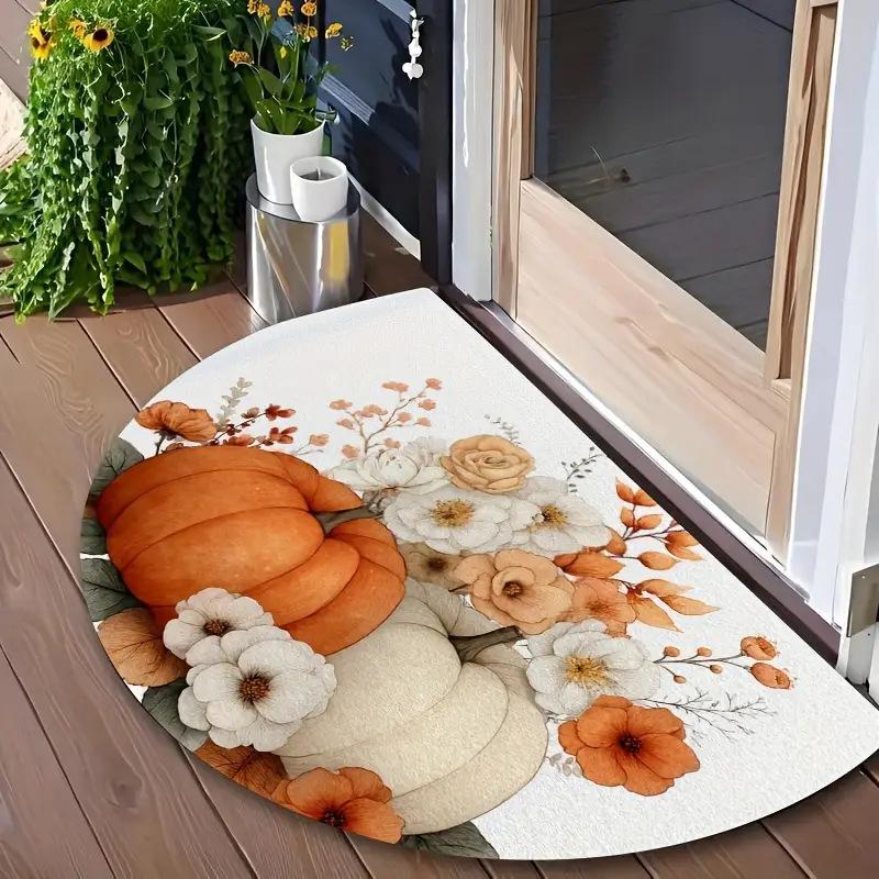 VIKAMA Autumn Thanksgiving Half-Circle Floor Mat - Maple Leaf Pumpkin - Indoor and Outdoor Entrance Door Mat for Home Decoration