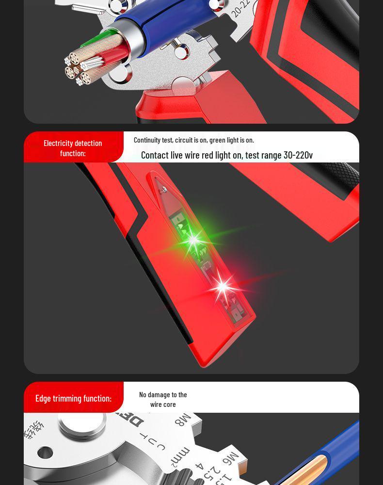 Multifunkční elektrikářské kleště: Nástroj pro stříhání, tahání, odizolování, krimpování, odizolování a navíjení drátů.