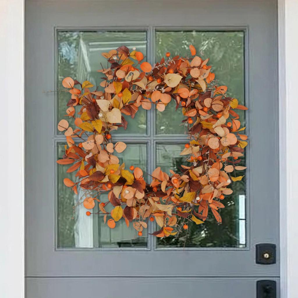 Fall Wreath with Artificial Wheat Ears Leaves Berry Branches Wreath for Door Window Wall Farmhouse