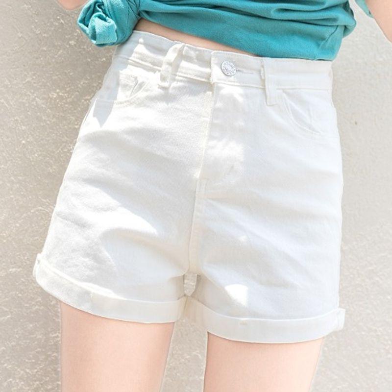 Sweet White Summer New High Waist A Word Slimming Flanging Casual Straight Three-Point Demin Shorts Hot Pants All-Matching