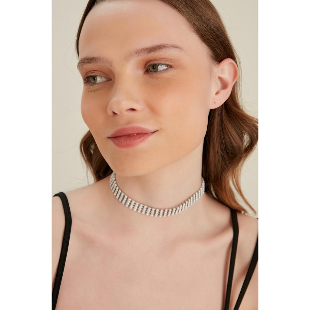 Damen 4-reihiges Modell Zirkon Stein Silber Diamant Halskette Abendkleid Halsband Verlobung Hochzeit Braut Halsband Halsband