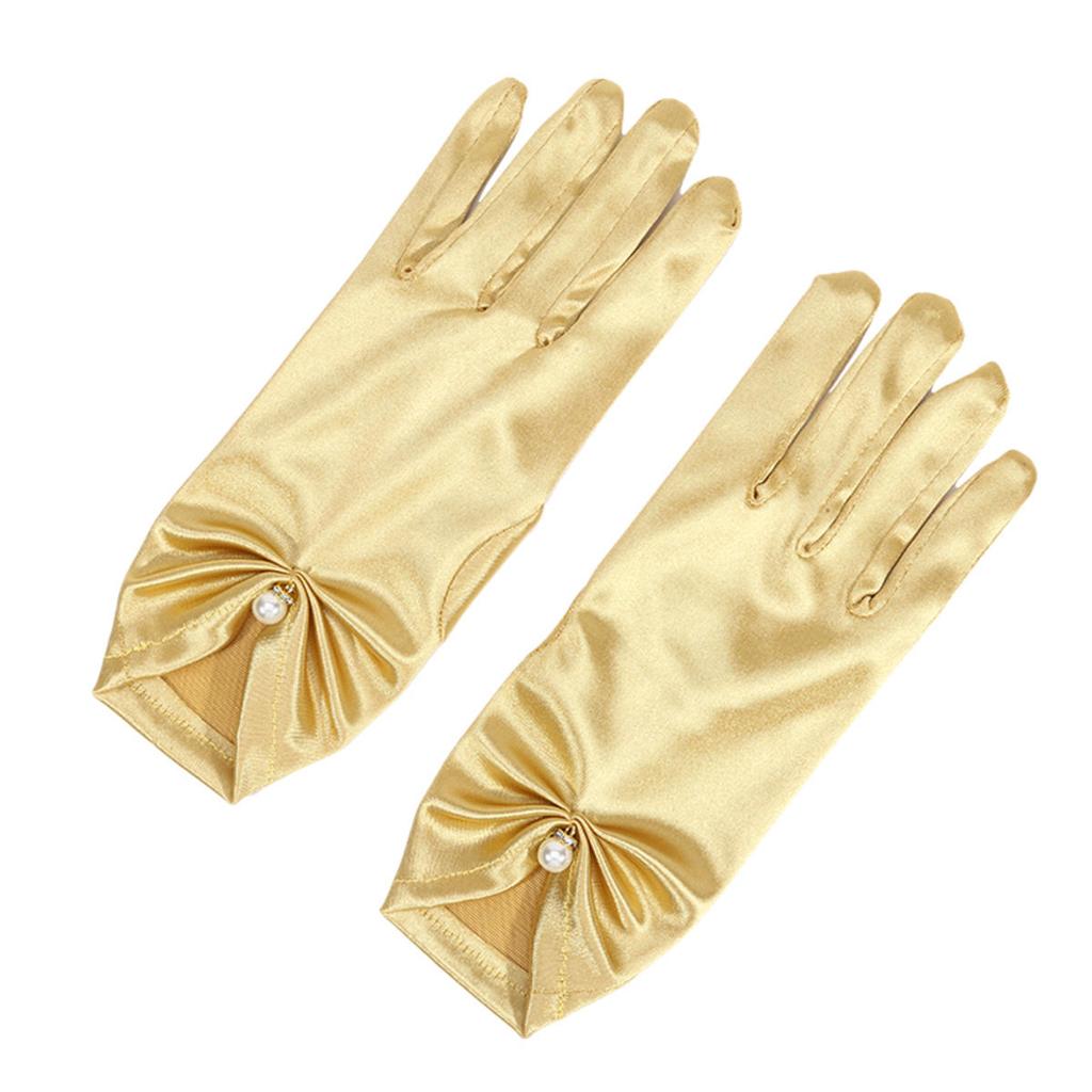 Women Elegant Satin Short Mittens Faux Pearl Pendant Decoration Solid Color Etiquette Gloves Dinner Party Opera Wedding Stage Performance