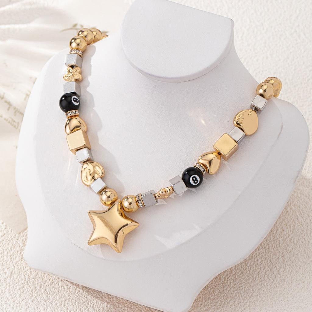 Temperament pentagram round bead square ring necklace color simple neck chain