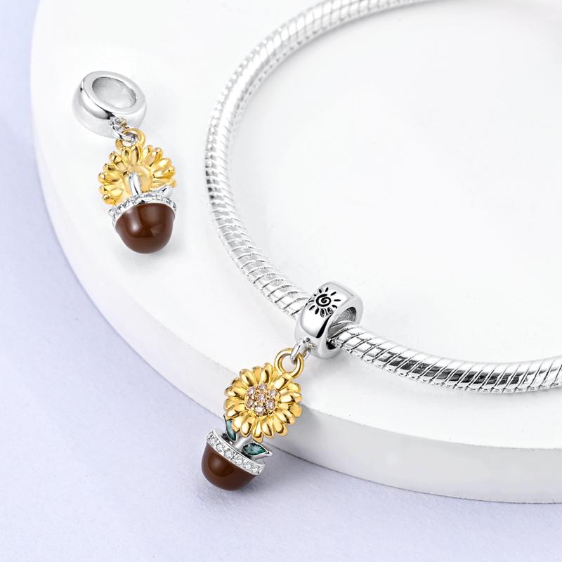 Copper Golden Sunflower Pendant Heart Shape Charm Bead Fits Genuine Bracelets Beautiful Jewellery Gift Crafting