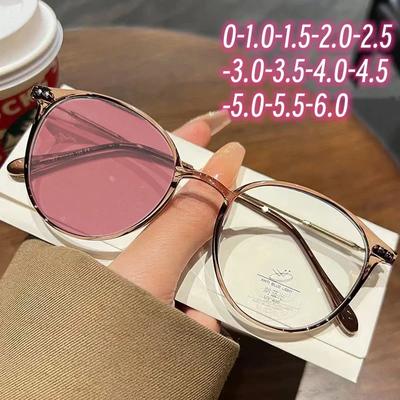 Women Luxury Photochromic Myopia Glasses Anti Blue Light Vintage Round Frame Eyewear Fashion Diopter Near Sight