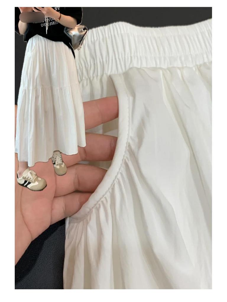 Women's High Waist White Midi Skirt: Slimming A-Line with Pockets for Spring-Summer.