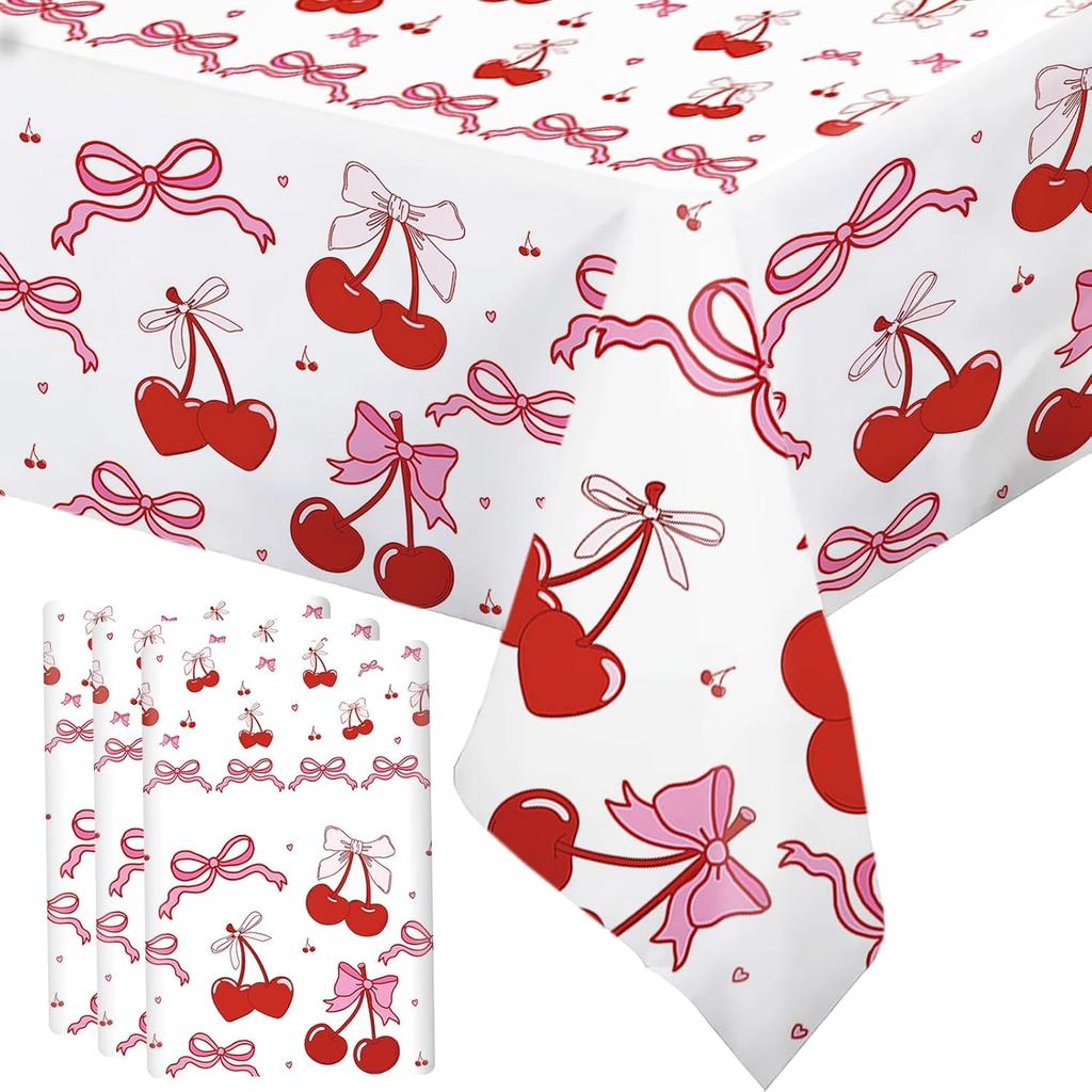 MEHOFOND 3 Pcs Pink Bow Baby Shower Table Cloth, Floral Coquette Sweet Girl Baby Shower Party Disposable Tablecloths Decorations, 108 x 54 Inch