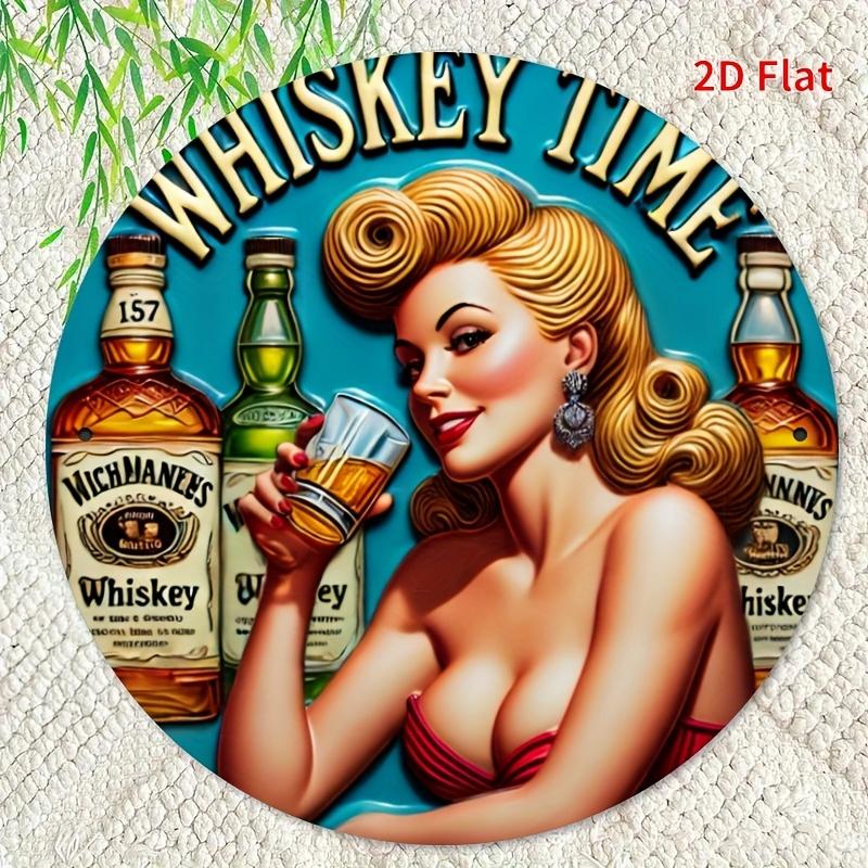 pc Vintage s s Retro Whisky Girl Metal Sign Large Round Tin Wall Art with PinUp Woman  Whiskey Bottles Room Decor
