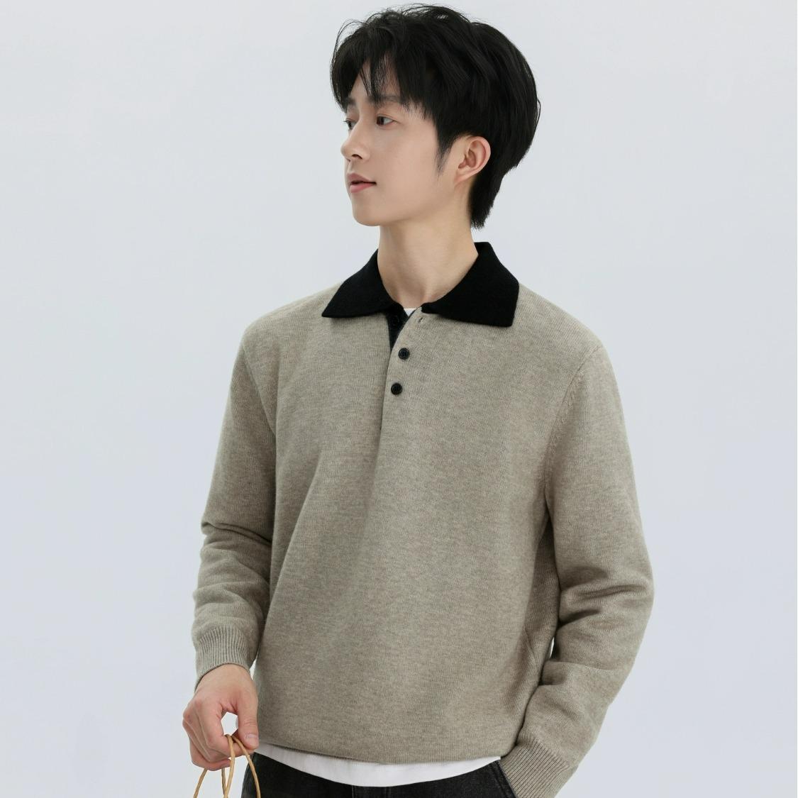 

Minimalist Old Money Style Color Block Sweater with Lapel Design L хакі