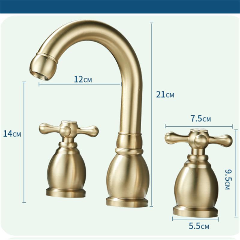 Luxury Brushed Gold Basin Faucet Brass Bathroom Faucet Widespread Antique Sink Faucets 3 Hole Hot Cold Sink Faucet Water Tap