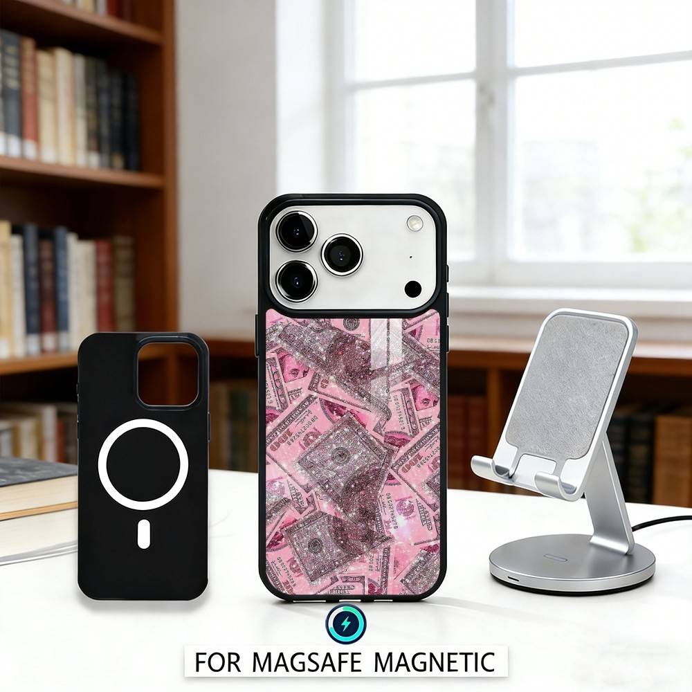 

P-Pink D-Dollars Banknote Phone Case Magnetic For iPhone17 16 15 14 13 12 Pro Max For Magsafe Wireless Charging Cover iPhone14PROMAX