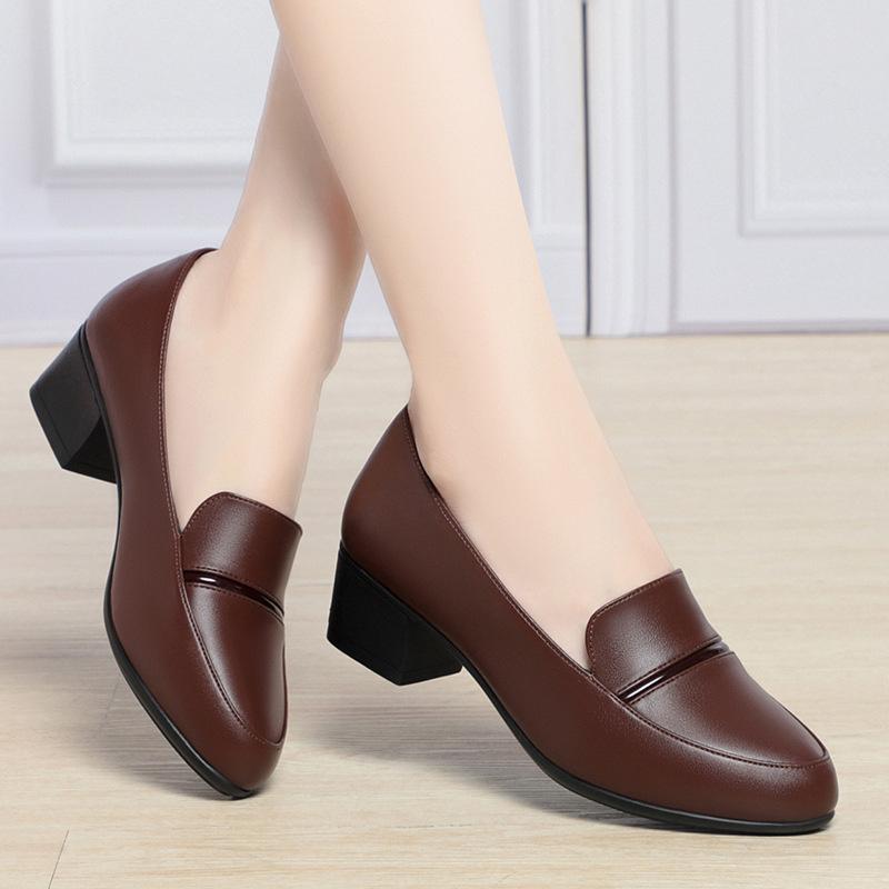 Spring Autumn Women's High Heels Fashion Soft Leather Soft Bottom Casual Single Shoes Comfortable Thick Heel Mother Shoes
